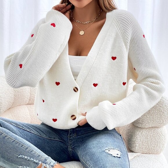 Beige Casual Women's Heart Embroidery Button Front Cardigan - Picture 1 of 6